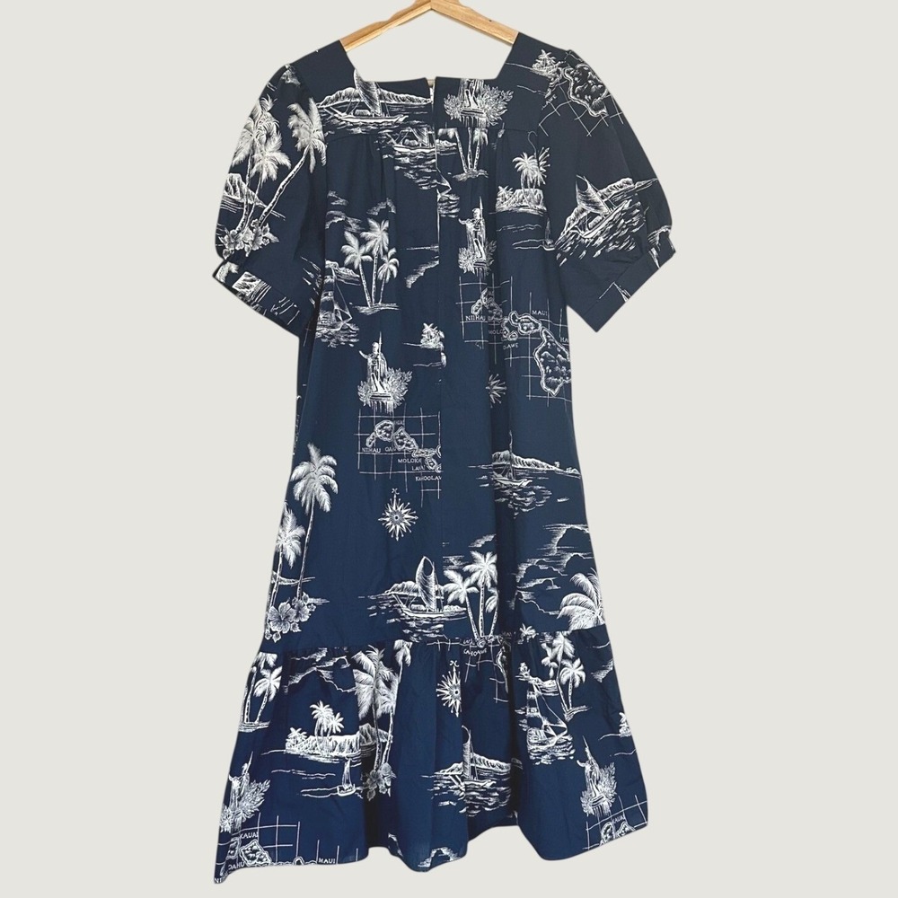Vintage Royal Creations Hawaiian Map Print Cotton Dress Navy White Puff Sleeve L